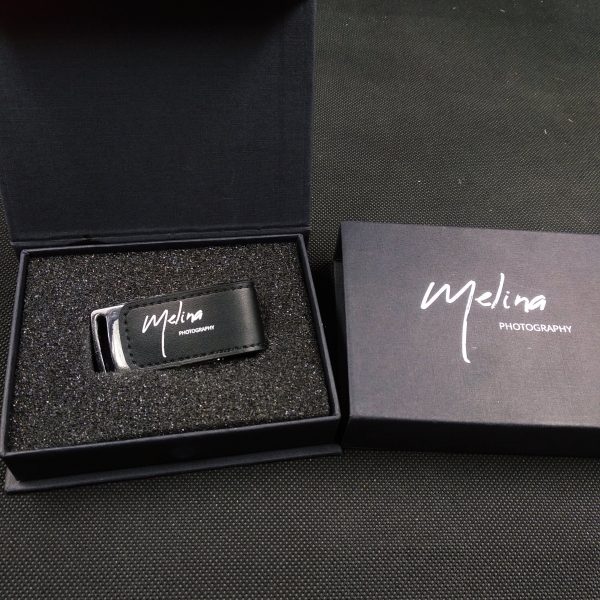 black leather usb box with printed logo