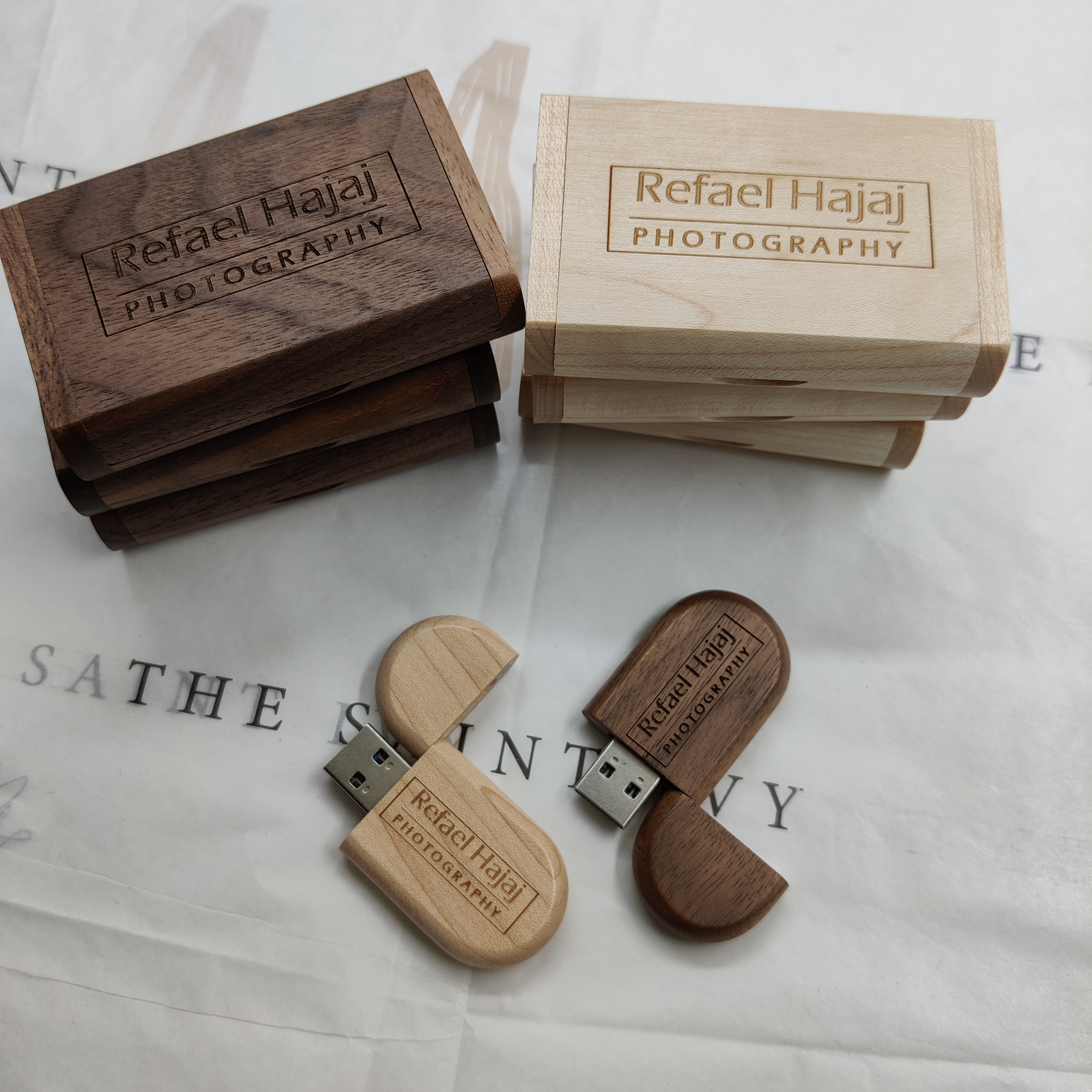 Walnut & Maple wooden memory sticks for Wedding photographers