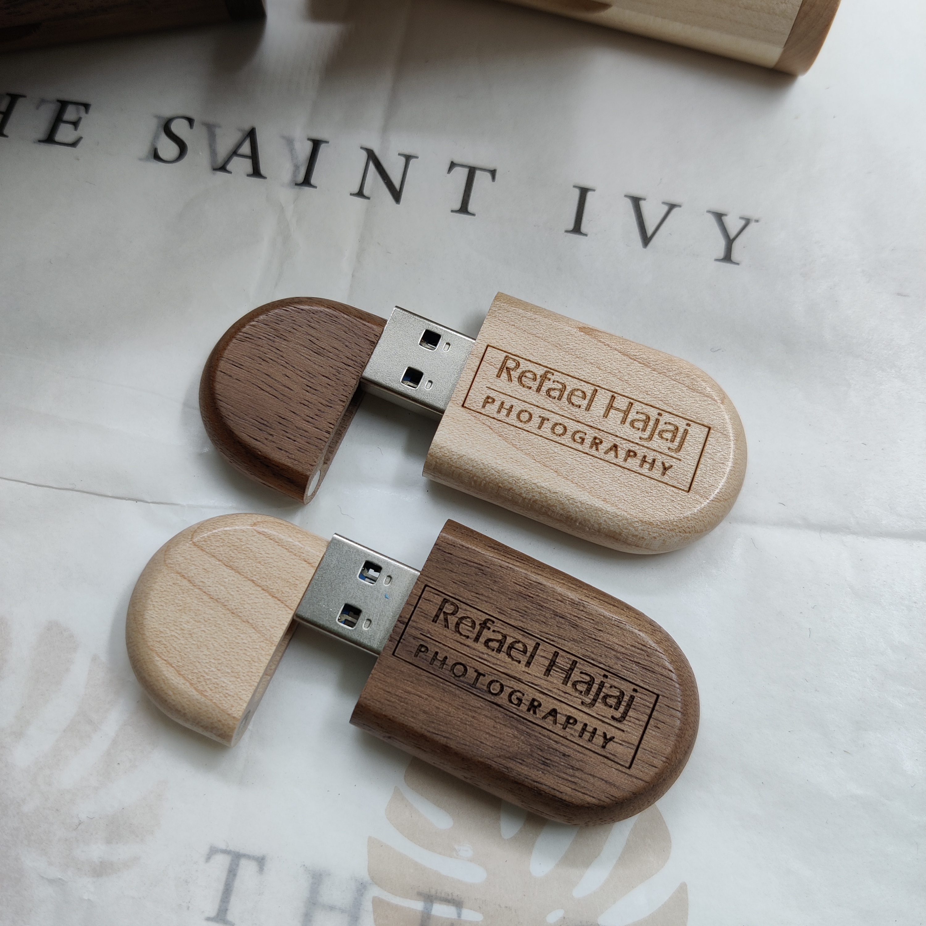 Walnut & Maple wooden memory sticks for Wedding photographers