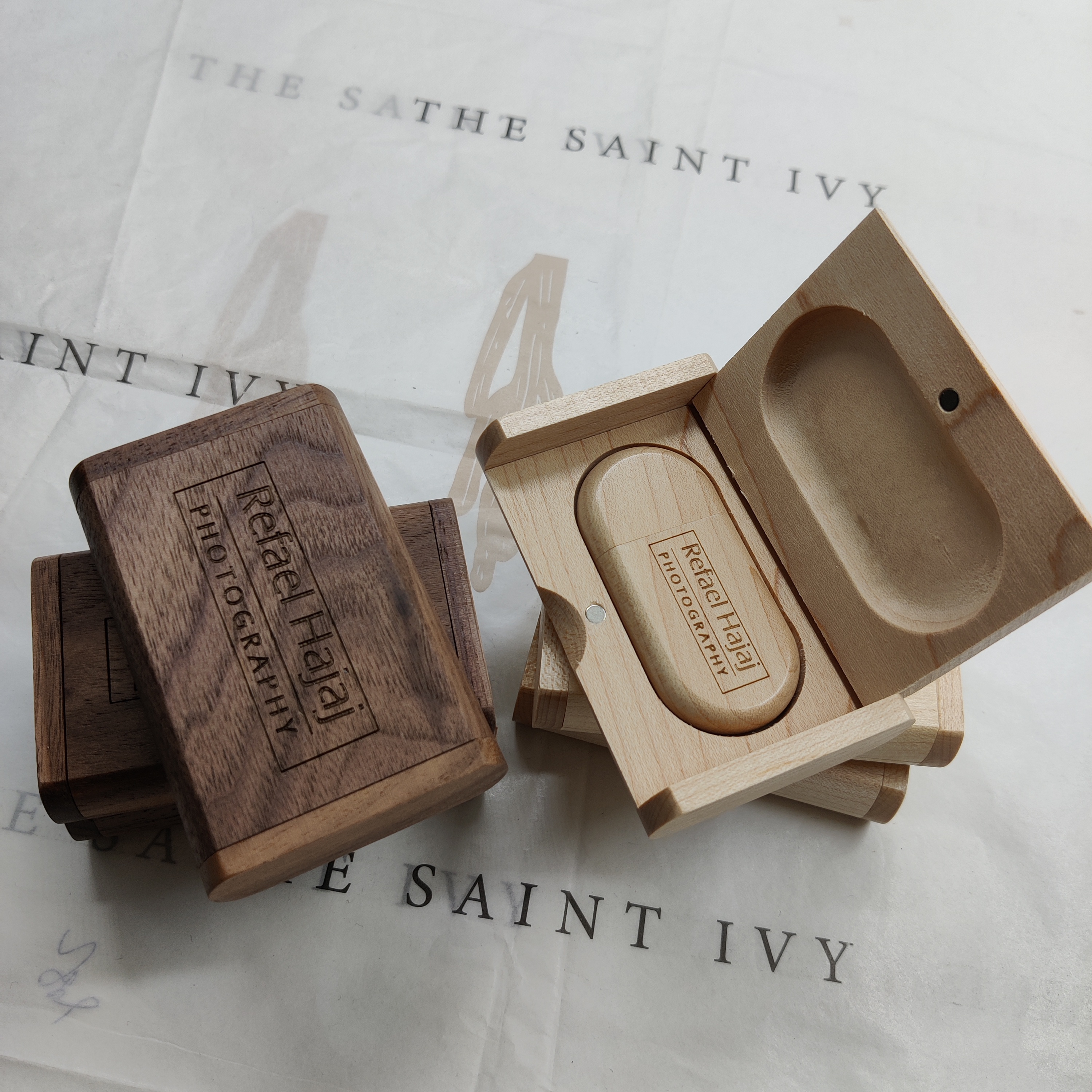 Walnut & Maple wooden memory sticks for Wedding photographers