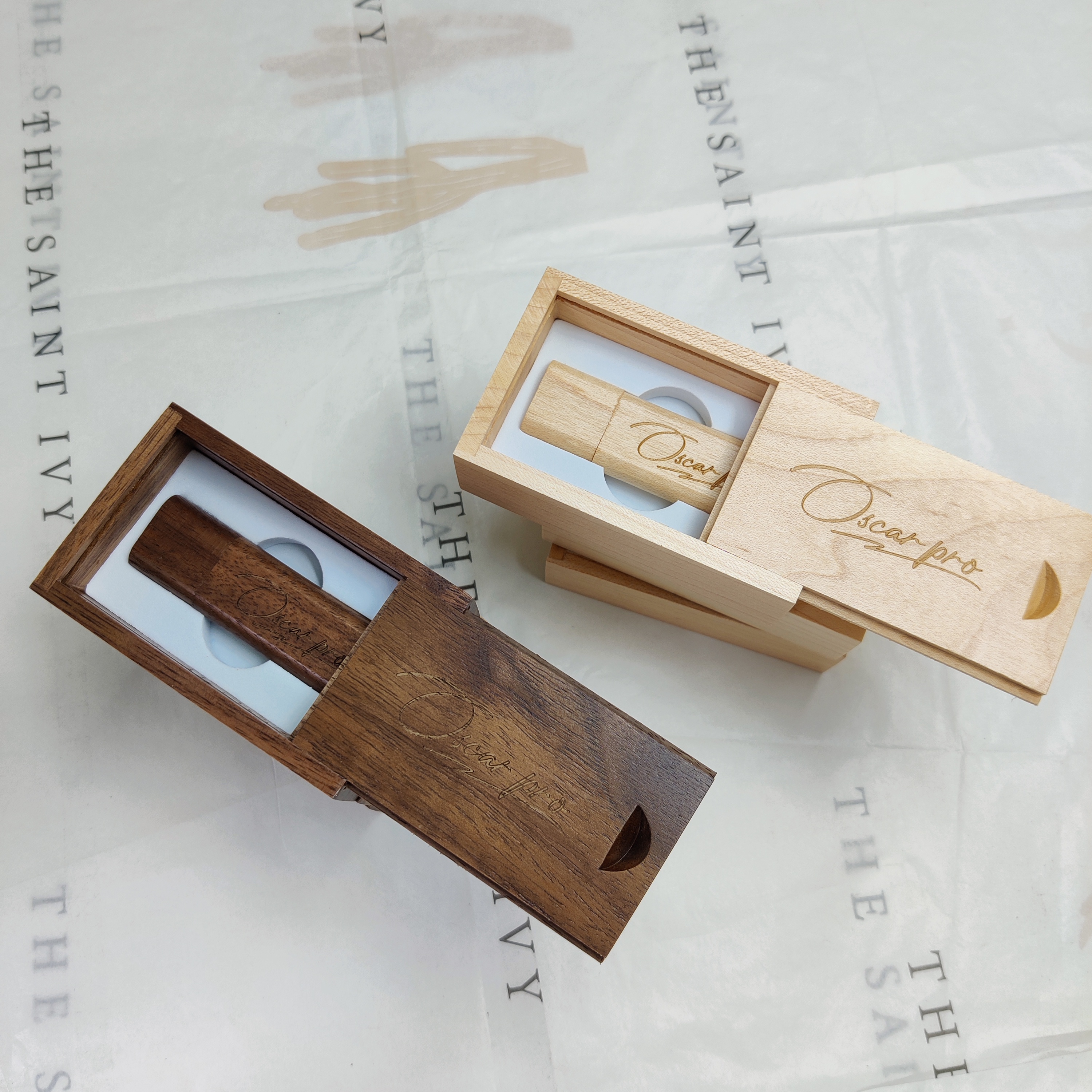 Walnut & Maple Slim wooden USB flash drive with box