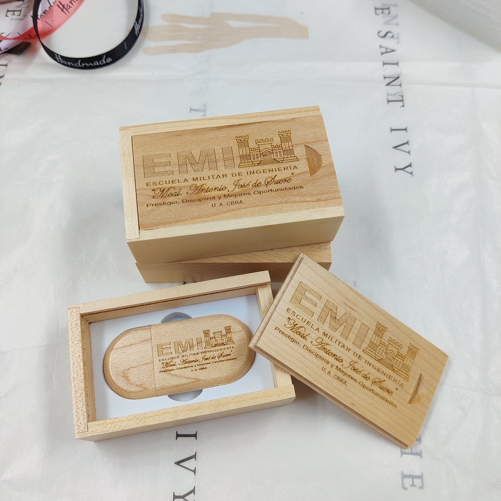 Oval wood USB drives with Sliding lid box- wooden set for client gift 