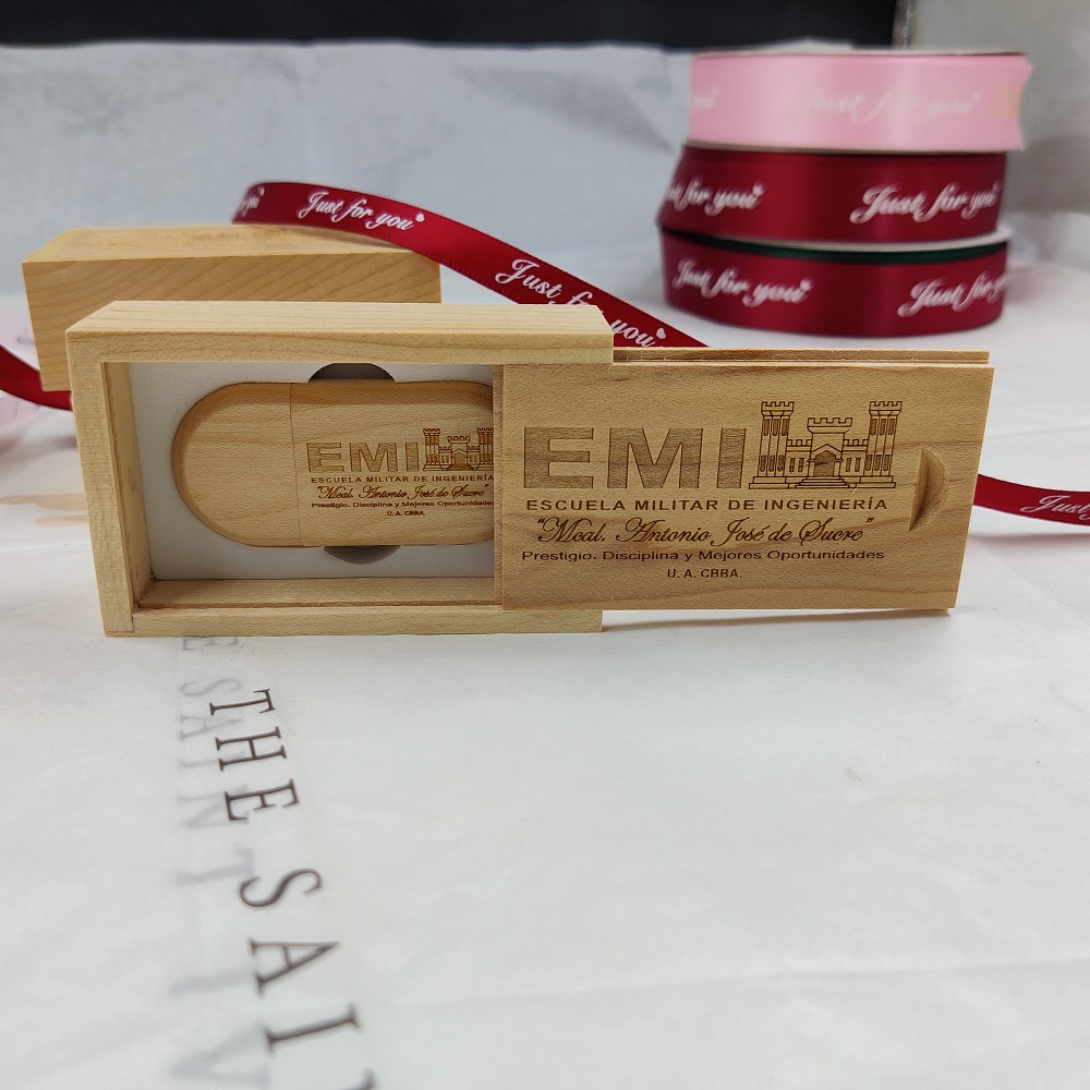 Oval wood USB drives with Sliding lid box- wooden set for client gift 