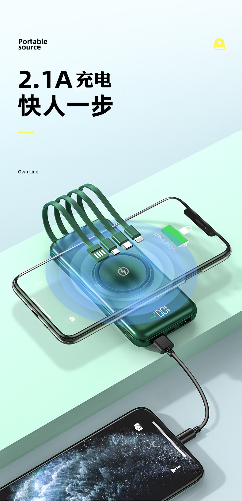 30000mAh Wireless Fast Charger power bank comes with a four-wire