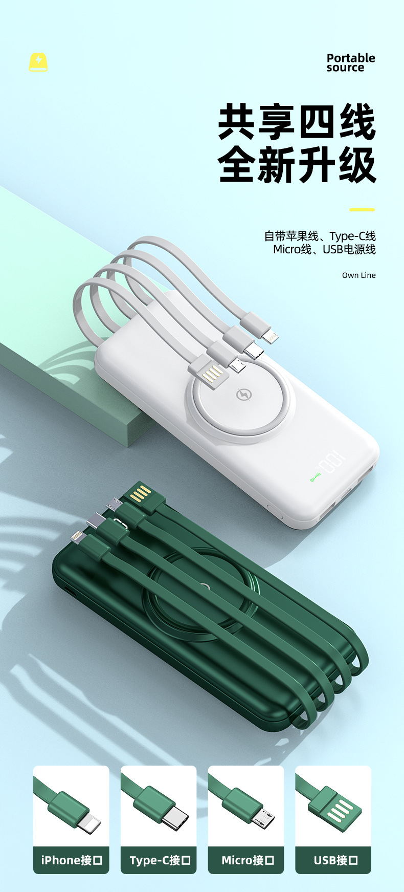 30000mAh Wireless Fast Charger power bank comes with a four-wire